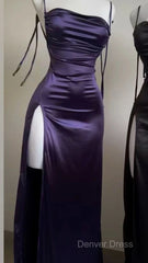 Pretty Sheath Spaghetti Straps Floor Length Ruffles Grape Slit Prom Dresses