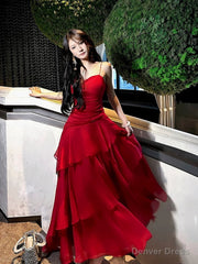 Pretty Sheath Spaghetti Straps Red Long Length Chiffon Prom Dresses Evening Gowns Birthday Dress