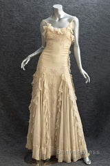 Pretty Sheath Spaghetti Straps Yellow Floor Length Evening Dresses Chiffon Prom Dresses