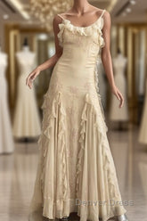 Pretty Sheath Spaghetti Straps Yellow Floor Length Evening Dresses Chiffon Prom Dresses