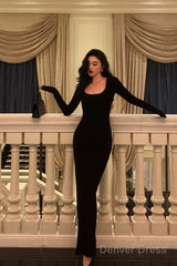 Pretty Sheath Square Neckline Long Sleeves Black Date Night Dress Prom Dresses Birthday Party Outfit