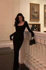 Pretty Sheath Square Neckline Long Sleeves Black Date Night Dress Prom Dresses Birthday Party Outfit