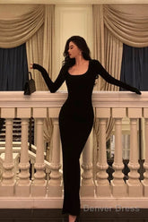 Pretty Sheath Square Neckline Long Sleeves Black Date Night Dress Prom Dresses Birthday Party Outfit