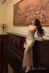 Pretty Sheath Strapless Floral Slit Long Prom Dresses Birthday Outfits