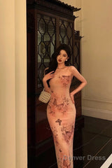 Pretty Sheath Strapless Pink Floral Date Night Dress Prom Dresses Birthday Party Outfit