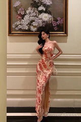 Pretty Sheath Strapless Sleeveless Pink Floral Date Night Dress Prom Dresses Birthday Outfits