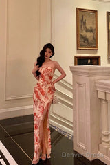 Pretty Sheath Strapless Sleeveless Pink Floral Date Night Dress Prom Dresses Birthday Outfits