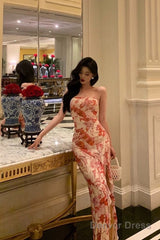 Pretty Sheath Strapless Sleeveless Pink Floral Date Night Dress Prom Dresses Birthday Outfits