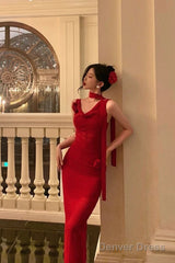 Pretty Sheath Straps Sleeveless Floral Date Night Dress Red Prom Dresses Birthday Outfits