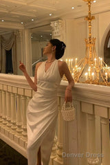 Pretty Sheath V Neckline Sleeveless Date Night Dress White Prom Dresses Birthday Party Outfit