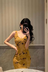 Pretty Sheath V Neckline Yellow Floral Date Night Dress Prom Dresses Birthday Party Outfit