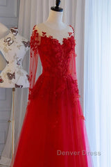Pretty Tulle Long Prom Dresses With Applique,Red Party Dresses Formal Evening Dresses
