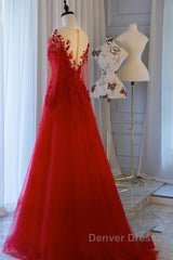 Pretty Tulle Long Prom Dresses With Applique,Red Party Dresses Formal Evening Dresses