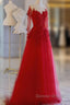 Pretty Tulle Long Prom Dresses With Applique,Red Party Dresses Formal Evening Dresses