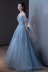 Princess A Line Blue Sequin Long Prom Dresses