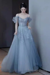 Princess A Line Blue Sequin Long Prom Dresses