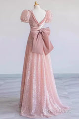 Princess A Line Pink Short Sleeves Sequin Long Prom Dresses