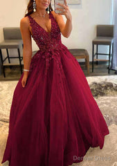 Princess A-line V Neck Sleeveless Sweep Train Tulle Prom Dresses With Appliqued Beading
