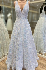 Princess A-line V Neck Sleeveless Velvet Sequins Long/Floor-Length Prom Dresses With Pockets
