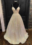 Princess A Line V Neck Spaghetti Straps Long Floor Length Sequined Prom Dresses With Pleated