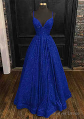 Princess A-line V Neck Spaghetti Straps Long/Floor-Length Sequined Prom Dresses With Pleated
