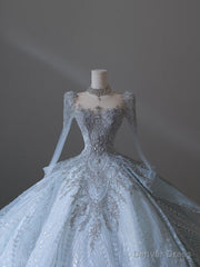 Princess Ball Gown Scoop Neckline Long Sleeves Sequin Light Sky Blue Long Wedding Dresses Brides Dress