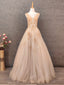 Princess Champagne A-Line V-Neck Sleeveless Sequin Beaded Tulle Long Prom Dresses Evening Dresses