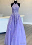 Princess Halter Long Floor Length Lace Tulle Prom Dresses With Appliqued Beading