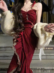 Princess High Low Spaghetti Straps Lolita Dress Christmas Dress Burgundy Birthday Dresses