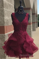 Princess Lace Appliques Dark Green Homecoming Dresses with Flounced,Short Prom Dresses