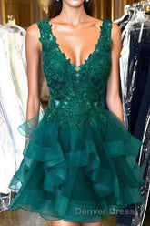 Princess Lace Appliques Dark Green Homecoming Dresses with Flounced,Short Prom Dresses