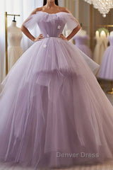 Princess Lavender Tulle Floral Long Prom Dresses, Lavender Formal Evening Dresses, Purple Ball Gown