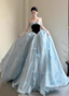 Princess Light Blue Sweetheart Neck 3D Butterfly Embellished Tulle Satin Long Prom Dresses Evening Dresses