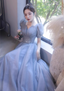 Princess Light Haze Blue Puff Sleeve A-Line Tulle Long Prom Dresses Evening Dresses