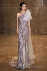 Princess Mermaid One Shoulder Party Dresses Sequin Lilac Prom Dresses
