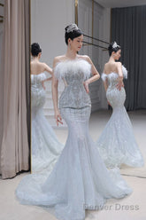 Princess Mermaid Strapless Neckline Long Sequin Feathers Long Wedding Dresses Brides Dress