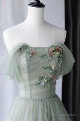 Princess Off the Shoulder Embroidering Tulle Sage Ball Gown