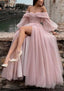 Princess Off The Shoulder Sweep Train Tulle Prom Dresses With Pleated Split