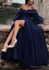 Princess Off-the-Shoulder Sweep Train Tulle Prom Dresses With Pleated Split