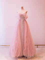 Princess Pink Tulle Prom Dresses Sequin Evening Dress