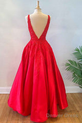 Princess Red Floral A-Line Satin Long Formal Dress