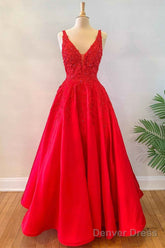 Princess Red Floral A-Line Satin Long Formal Dress