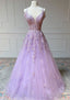 Princess Spaghetti Straps Floor Length Tulle Prom Dresses With Beading Appliqued