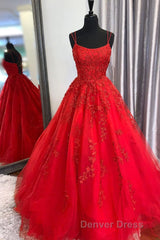 Princess Straps Long Prom Dresses with Lace Appliques,Evening Gowns