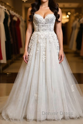 Princess Sweetheart Neck White Lace Prom Wedding Dresses, Ivory Lace Formal Dresses, White Evening Dresses