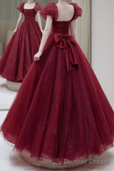 Princess Tulle Burgundy Long Prom Dresses