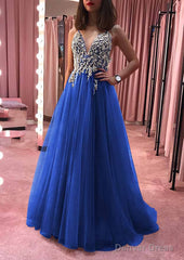 Princess V Neck Court Train Tulle Prom Dresses With Appliqued Beading