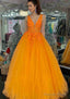 Princess V Neck Long Floor Length Tulle Prom Dresses With Appliqued