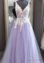 Princess V Neck Long Floor Length Tulle Prom Dresses With Appliqued Lace