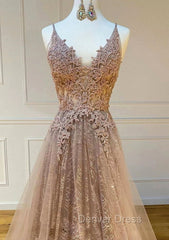 Princess V Neck Sweep Train Lace Tulle Yarn Prom Dresses With Glitter